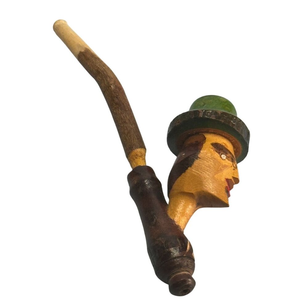 Hand-Carved Italian Character Pipe Wood Green Yellow Mid Century Decorative